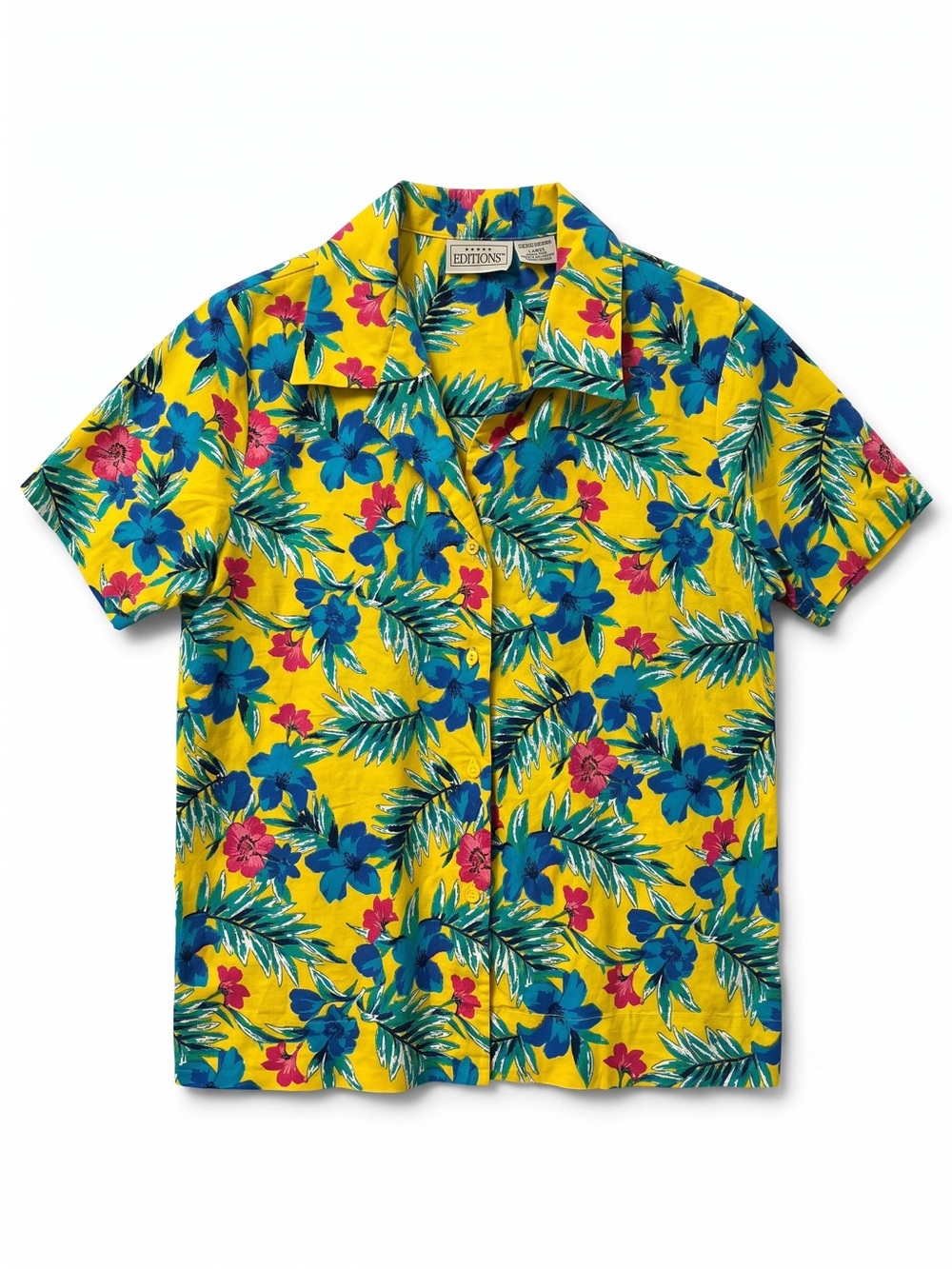 Vintage 90s Basic Editions Floral Hawaiian Shirt Women’s L Yellow Cotton Beach